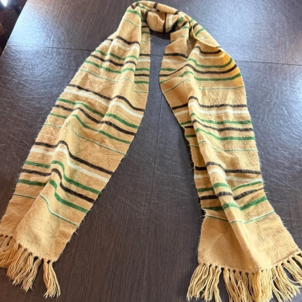 Vintage W H Block Striped Tan and Green Scarf with Fringe 79” x 11”